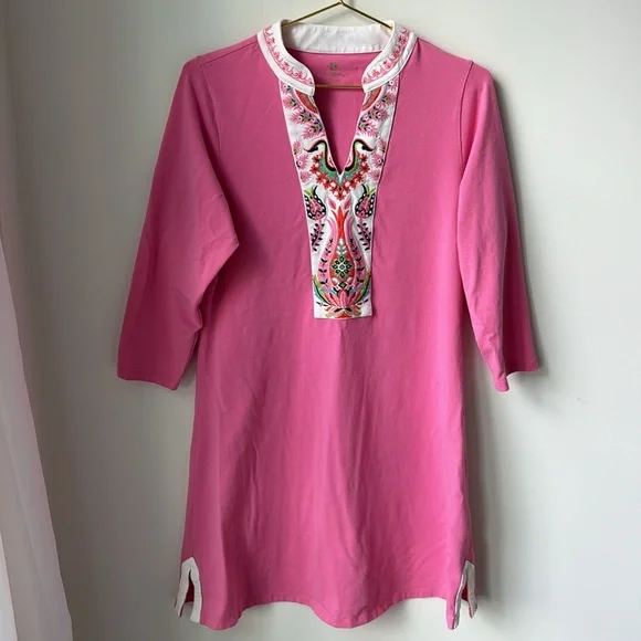 Spartina 449 Monica Tunic Dress in Pink Embroidered Coastal Travel Work Size L - Picture 1 of 10